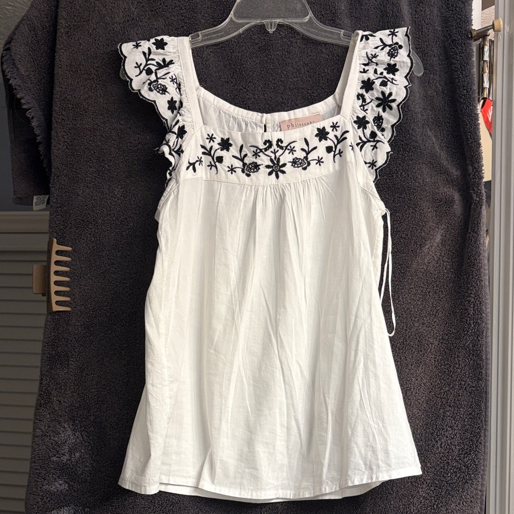 Philosophy White Cotton Camisole with Black Floral Embroidery Accents